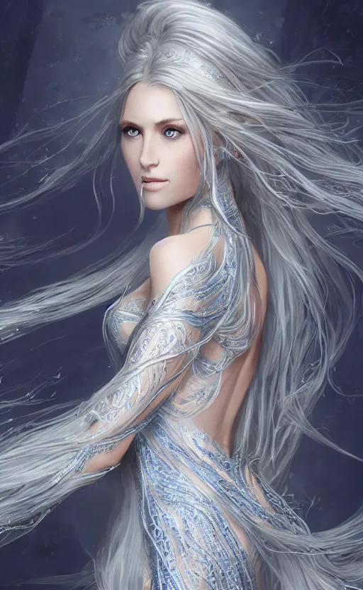 Image similar to an elven woman with long, silver hair cascading down her back. she has delicate, angular features and piercing blue eyes. she's clad in a flowing white dress with intricate silver embroidery, dynamic lighting, photorealistic fantasy concept art, trending on art station, stunning visuals, creative cinematic, ultra detailed