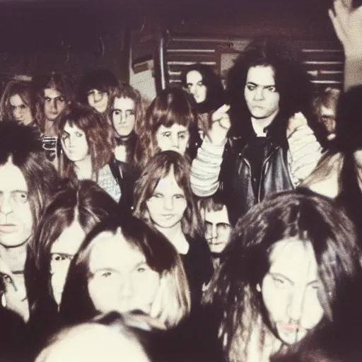 Image similar to 19-year-old girl wearing black leather jacket and denim jeans, New Wave of British Heavy Metal, 1981, Polaroid, crowd of longhairs, British flag, concert