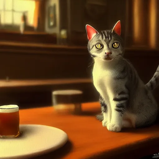 Image similar to a cat in a pub with beer, painting by craig mullins, octane rendering, soft morning lighting, wide angle lens, in the style of hayao miyazaki, trending on artstation,