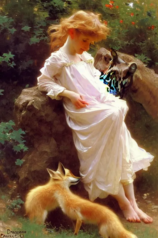 Prompt: a seven - year old with curly dirty blonde hair playing with foxes, painting by daniel gerhartz, alphonse mucha, bouguereau, detailed art, artstation