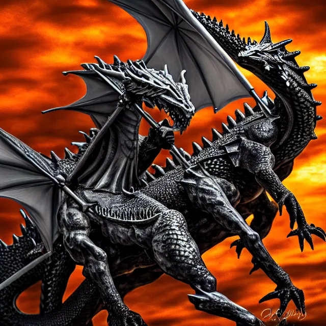 Image similar to knight riding a dragon, highly detailed, 8 k, hdr, smooth, sharp focus, high resolution, award - winning photo