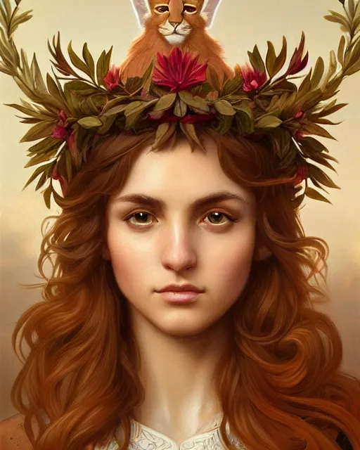 Image similar to a laurel wreath on a head of fluffy caracal, photography of kurzgesagt, deep focus, d & d, intricate, elegant, highly detailed, digital painting, artstation, concept art, matte, sharp focus, illustration, hearthstone, art by artgerm and greg rutkowski and alphonse mucha