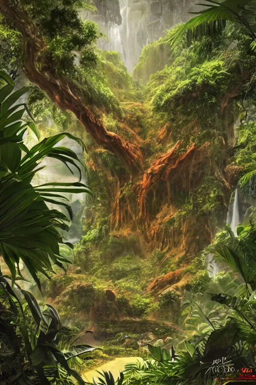 Image similar to a giant plant in the exotic jungle, landscape, alex ross, david finch, concept art, matte painting, highly detailed, rule of thirds, dynamic lighting, cinematic, detailed, denoised, centerd