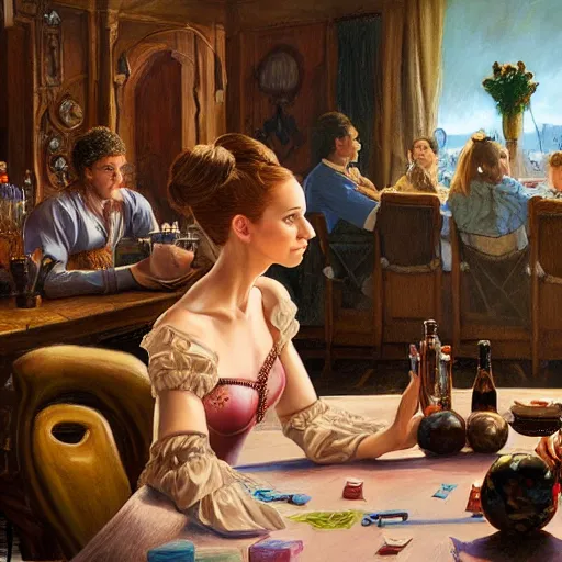 Image similar to a portrait of anthropomorphic ballerina sitting around a table in a tavern playing dice, furaffinity, by donato giancola and james gurney