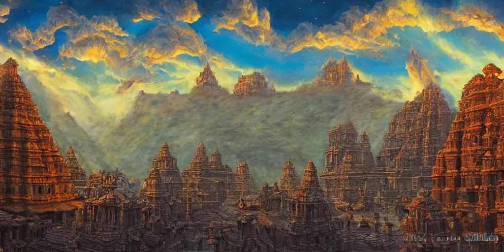 Image similar to fantasy oil painting, mega structure city, indore, kailasa temple, ellora, angkor wat, hybrid, looming, small buildings, warm lighting, street view, overlooking, interstellar space port launching dock, epic, distant mountains, bright clouds, luminous sky, cinematic lighting, michael cheval, david palladini, artstation, oil painting, natural tpose