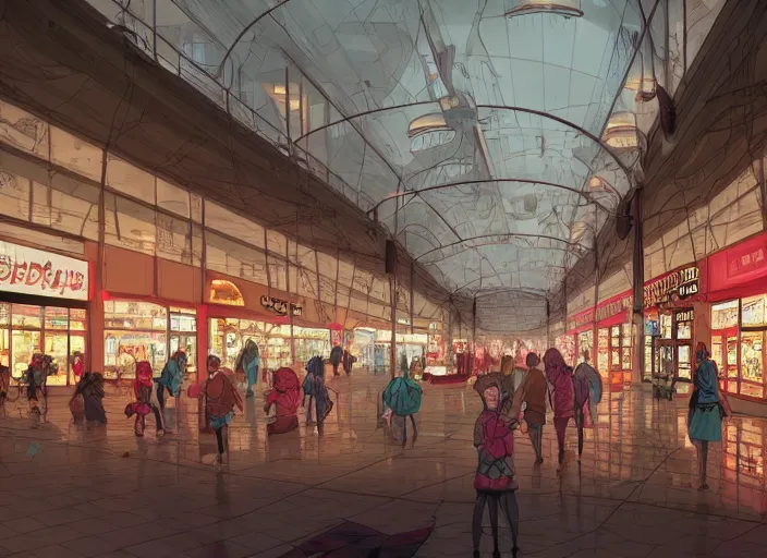 Image similar to large shopping mall center. sharp focus, cinematic pose, cinematic lighting, unreal engine render. art by josan gonzales and moebius and deathburger.