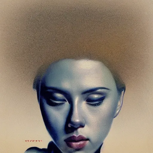 Image similar to “ scarlett johansson portrait by ikenaga yasunari and ayana otake and ko rakusui, 6 0 s poster, drawing, realistic, sharp focus, japanese, dreamy, nostalgia, faded, golden hues, floral clothes, porcelain skin ”