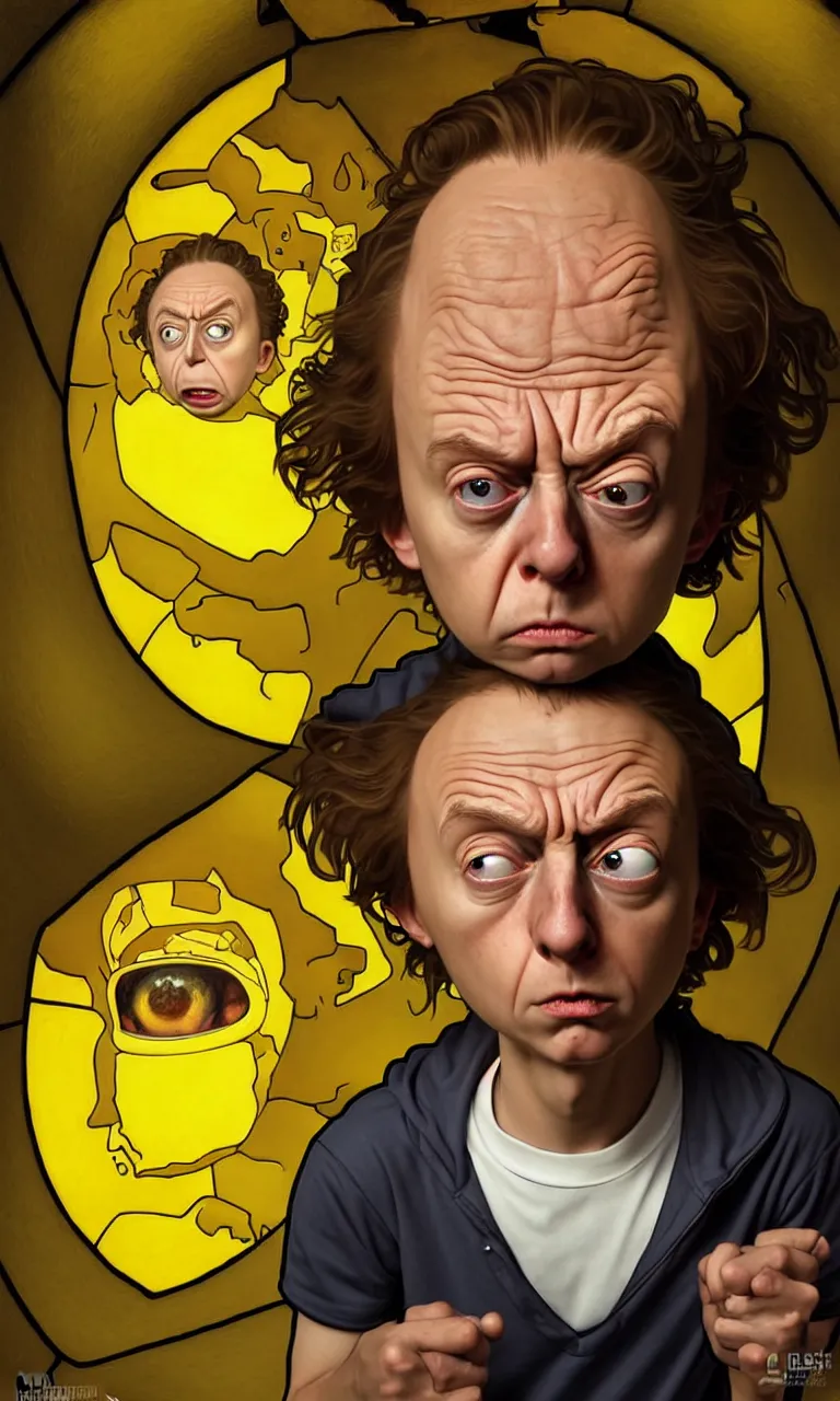 Image similar to hyper realistic grotesque portrait of an very young 1 2 yr dumb roundheaded round head morty, from rick and morty, worried, yellow t - shirt, portal in the background, by lee bermejo, alphonse mucha and greg rutkowski