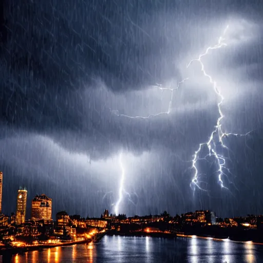 Prompt: a realistic photo of a city at night with a thunderstorm and several lightnings in the sky, highly detailed, ultra realistic, nightmare, 8 k