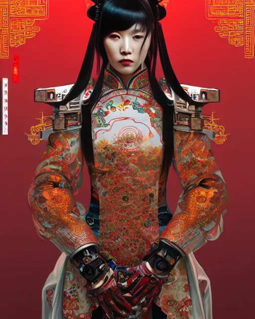 Image similar to portrait of a chinese cyberpunk machine, machine face, robed, upper half portrait, decorated with chinese opera motifs regal royal fierce machine robot cyberpunk fine china, wuxia, traditional chinese art intricate intense elegant highly detailed digital painting artstation concept art smooth sharp focus illustration, art by artgerm and greg rutkowski alphonse mucha 8 k