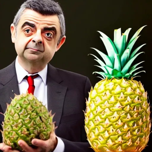 Prompt: rowan atkinson as mr. beans stealing a pineapple from target with a focused face, realistic photo, uhd