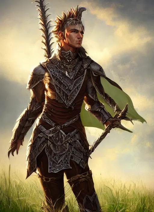 Image similar to A fantasy portrait painting of a male elf wearing leather armor on a beautiful meadow, DAZ, hyperrealistic, ambient light, dynamic light, trending on artstation, d&d, RPG portrait