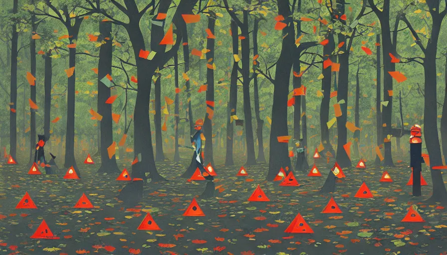 Image similar to safety cones scattered around an oak tree forest checker board forest floor, by james jean by ilya kuvshinov kintsugi, hyper detailed surrealist painting