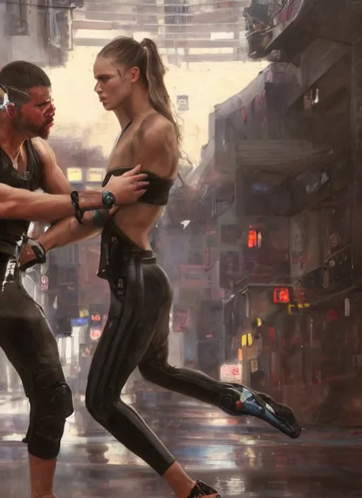 Image similar to ronda rousey vs thug. armbar. cyberpunk mercenary in a cyberpunk jumpsuit ( blade runner 2 0 4 9, cyberpunk 2 0 7 7 ). orientalist portrait by john william waterhouse and james gurney and theodore ralli and nasreddine dinet, oil on canvas. cinematic, hyper realism, realistic proportions, dramatic lighting, high detail 4 k