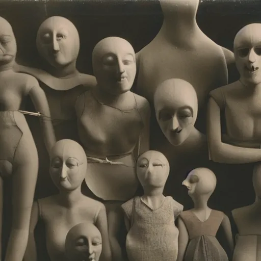 Prompt: a manikin party, wax manikin heads, smiling, photograph, style of atget, nightmare, concept art, creepy