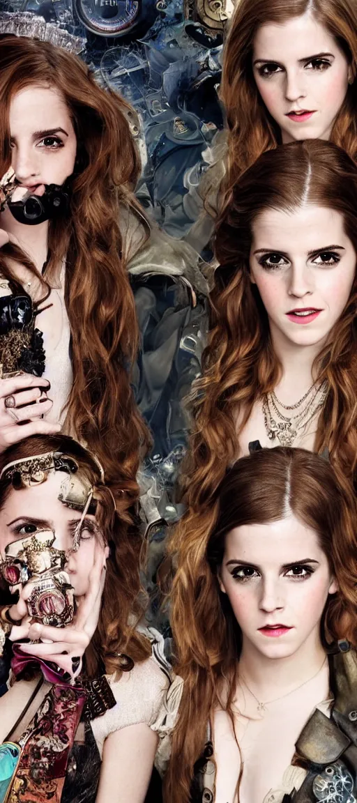 Prompt: Emma Watson and Anna Kendrick Whole body and face wide shot in high fashion steampunk couture created like it's out of the polaroid camera clear, colorful image
