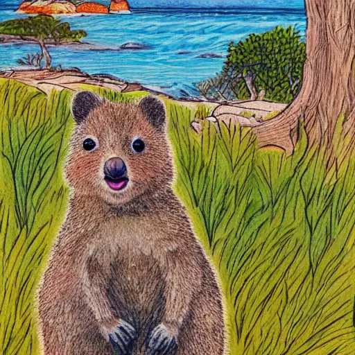 Image similar to detailed illustration, a happy quokka on rotttnest island in the style of may gibbs,