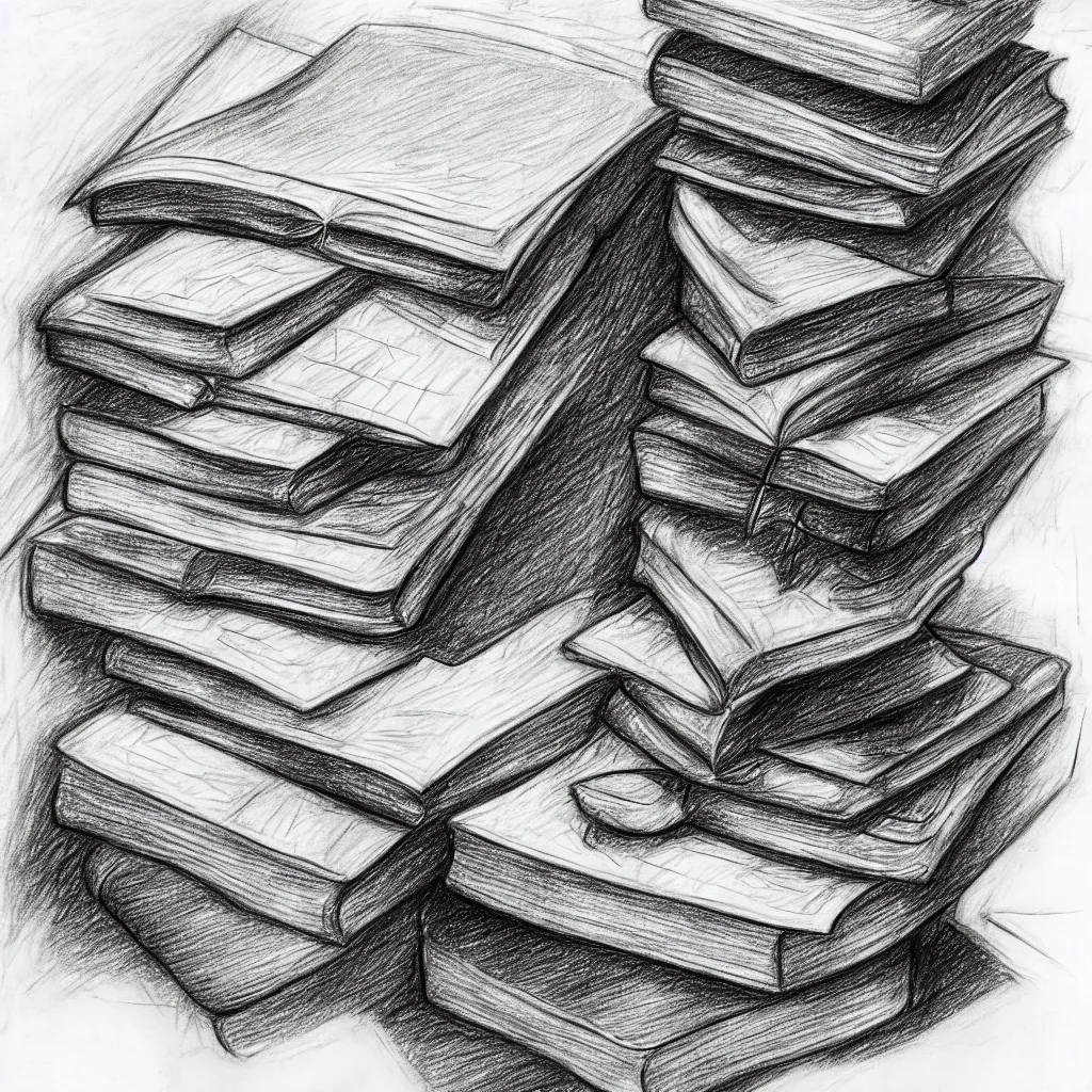 Prompt: a pencil sketch of a plush chair with a stack of books on it