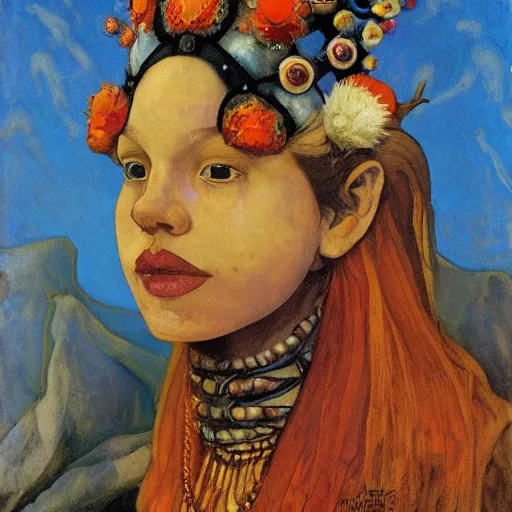 Prompt: the bone crown, by annie swynnerton and nicholas roerich and diego rivera, elaborate costume, flowers, iridescent beetles, rich color, dramatic cinematic lighting, smooth, sharp focus, extremely detailed