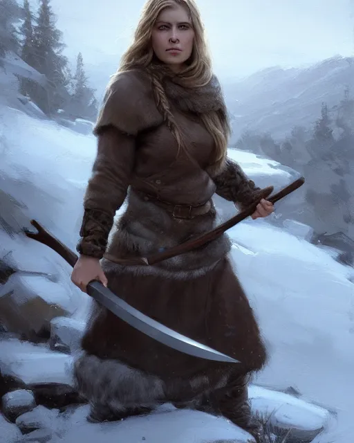 Prompt: cinematic shot epic portrait an female viking holding an stone axe, winter backround, cloudy, dust, shiny skin, beautiful, fine details. night setting. realistic shaded lighting poster by craig mullism, artgerm, jeremy lipkin and michael garmash, unreal engine, radiant light, detailed and intricate environment, digital art, trending on art station,