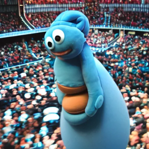 Image similar to a little blue creature in the shape of a sausage lies on a huge microphone on the stage