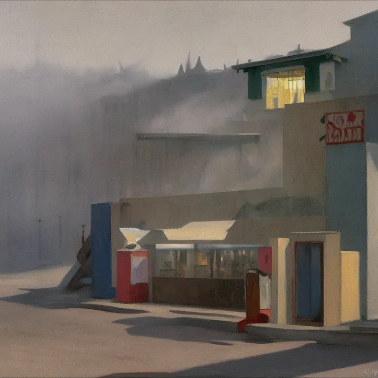 Prompt: trash flowing everywhere, piles of trash, fog, early morning, , painted by Edward Hopper, painted by Wayne Barlow, airbrush