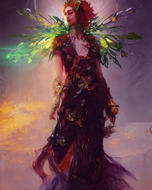 Prompt: Floralpunk elysian Maiden of radiant light by Ruan Jia, award winning art, Artstation, art nouveau aesthetic