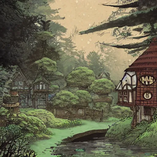 Image similar to Studio Ghibli steampunk cottage in the woods by a stream by Hayao Miyazaki