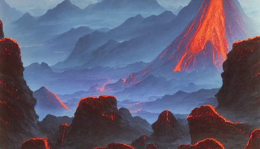 Prompt: massive sharp peaks of dark stone!, molten rivers of lava flowing through valleys of sharp volcanic stone, 4 k cinematic panoramic view, by bruce pennington, ted naysmith