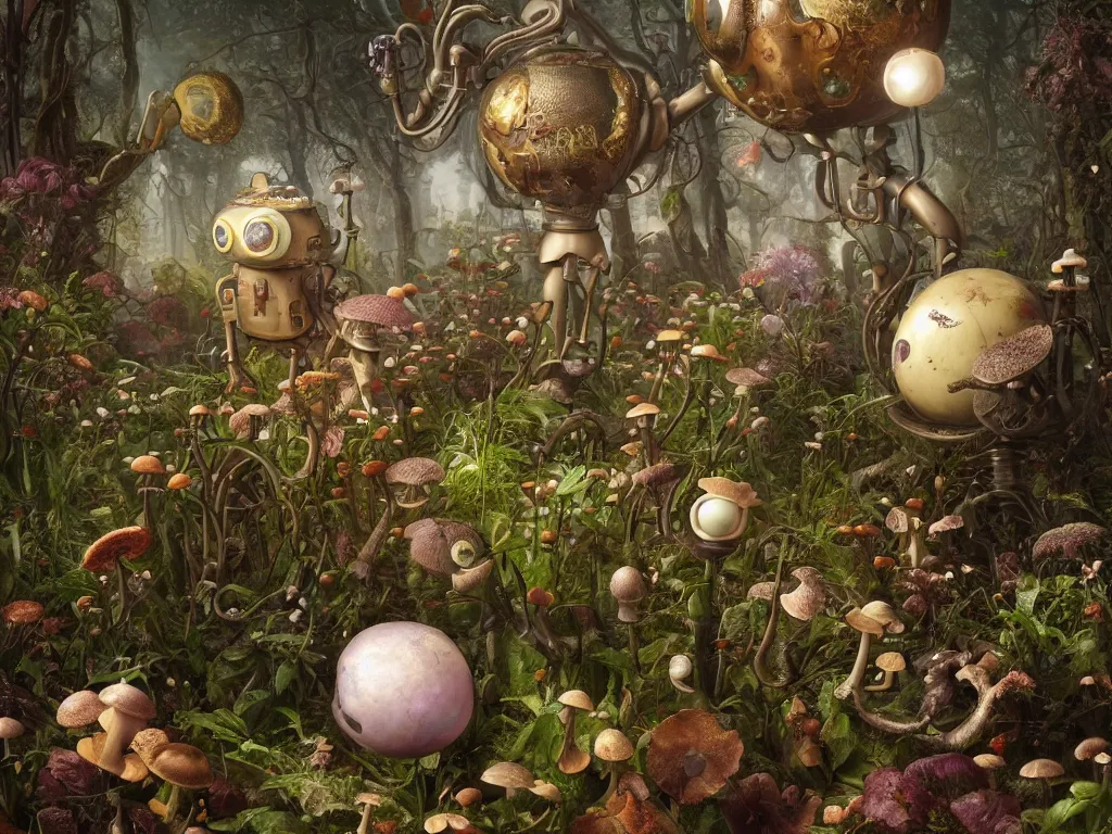 Image similar to victorian robot with mushrooms growing in a spheroid forest, 3d render, nightlight Study, by Jan Davidsz de Heem and Lisa Frank, Art Nouveau, 8k, extreme detail, sharp focus, octane render