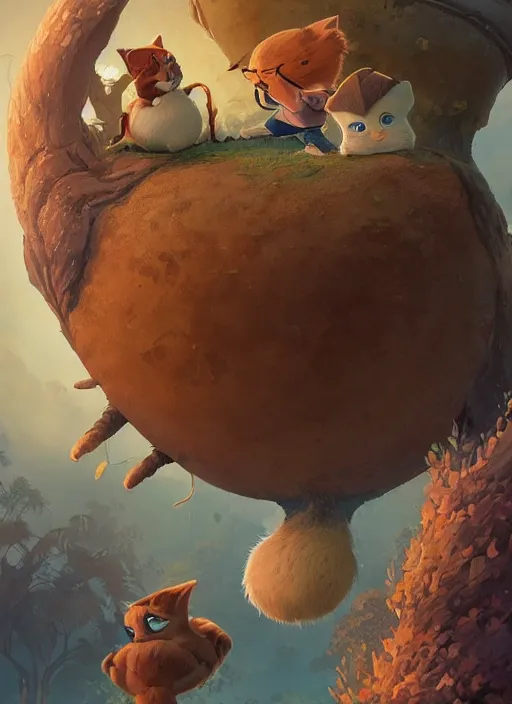 Image similar to round antropomorphic acorn and his cat friend in world adventure movie, cerebri mie poster, by nuri iyem, james gurney, james jean, greg rutkowski, anato finnstark. pixar. hyper detailed, 5 0 mm, award winning photography, perfect faces