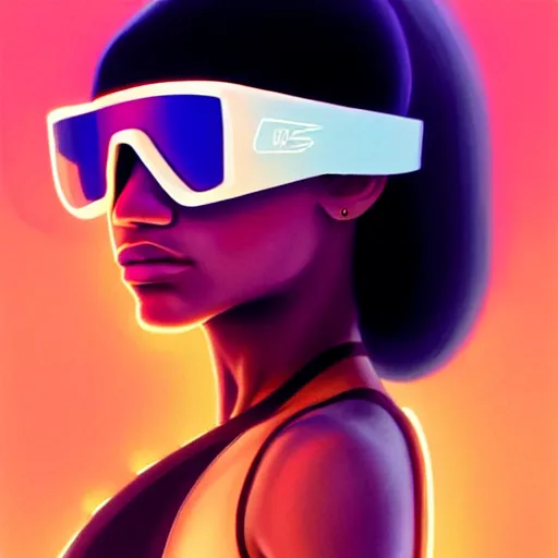 Prompt: zendaya wearing opaque reflective goggles profile picture by Greg Rutkowski, brown skin, very long hair, dune, asymmetrical, futuristic, neon volumetric lights, cool colors, streetwear, studio ghibli, Organic Painting , Matte Painting, geometric shapes, hard edges, street art, trending on the artstation, fantasy LUT, realistic by Sachin Teng + Martin Grip + Moebius, techwear, Industrial Scifi, detailed illustration, character portrait, blurred background