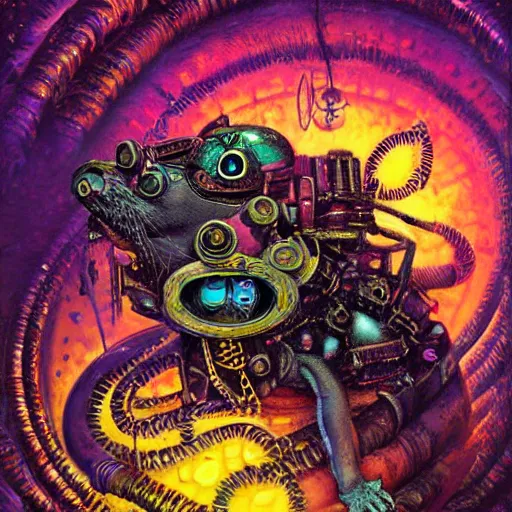 Prompt: steampunk rat, acid, 303, psychedelic, by paul lehr