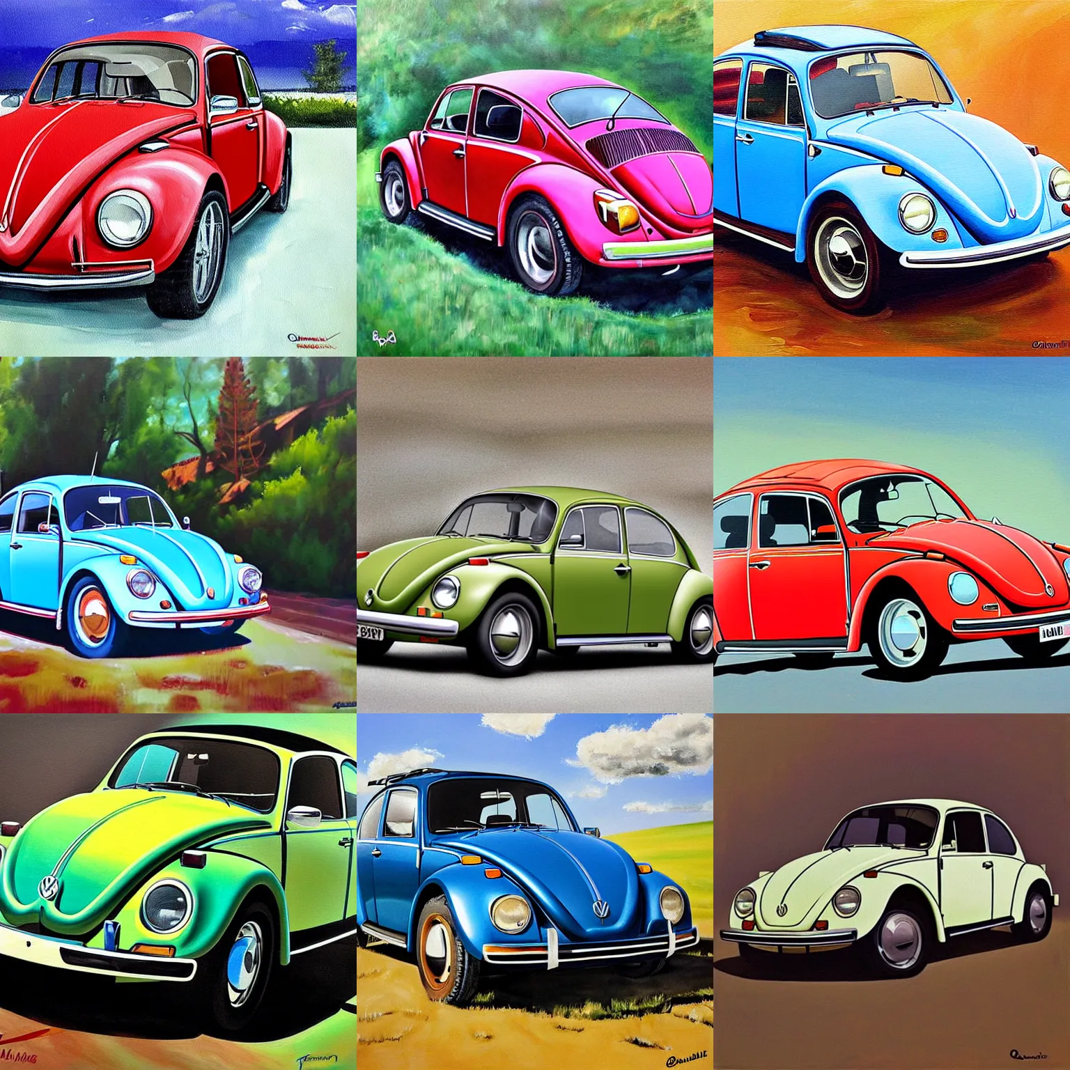 Prompt: painting of a 1970 vw beetle painted by Quentin Mabille