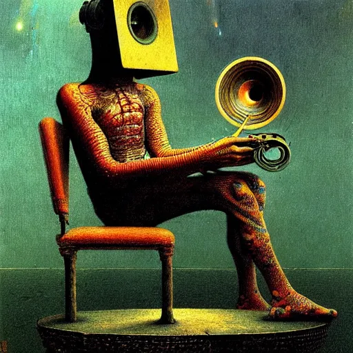 Image similar to by Beksinski , cyborg sitting Infront, snake getting into gramophone, high quality image, denoise