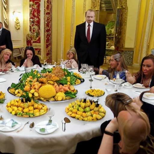 Image similar to Putin dines on tiny pineapples, at his feet huddle jaguar ladies, the room is raucous and joyful, high definition.