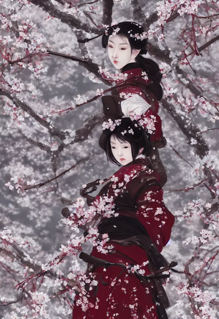 Image similar to detailed portrait of girl samurai in hakama with swords and rifles, in snow forest sakura cherry blossom, taisho roman, by wlop and krenz kushart, elite, elegant, luxury, perfect face, fine details, realistic shaded, fine - face, pretty face