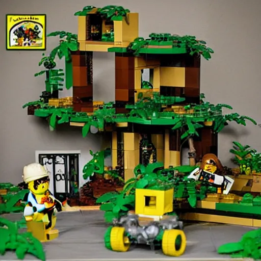 Prompt: abandoned, overgrown, underground bunker. jungle room. lego set