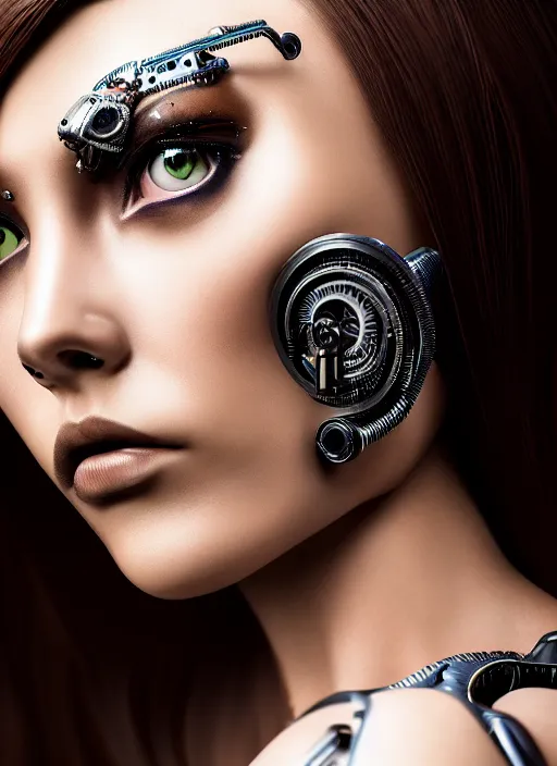 Image similar to a stunning young female cyborg profile face, face is made intricate tribal bio - mechanical, unreal engine, glamor shot, nikon d 7 5 0, closeup, f / 2. 8, low contrast, 1 6 k, rim lighting, optical fiber, cinematic lighting, insanely detailed and intricate, hypermaximalist, elegant, ornate, hyper realistic,