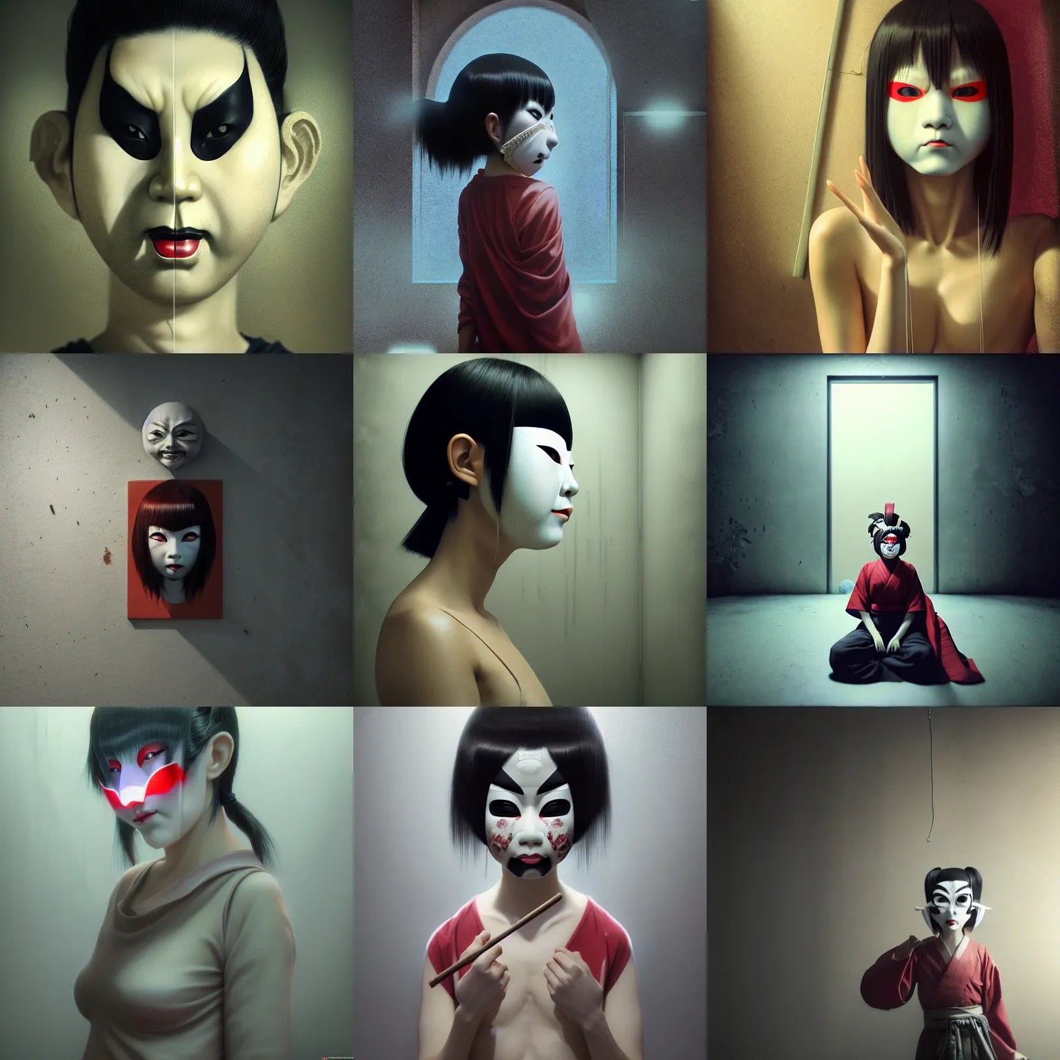 Prompt: floating kabuki mask in an abandoned concrete room, lights on, surreal, phantasmagoric, by tom bagshaw and ilya kuvshinov, rtx rendering, octane render 1 2 8 k, maya, extreme high intricate details by wlop, digital anime art by ross tran, medium shot, composition by sana takeda, dramatic lighting by greg rutkowski