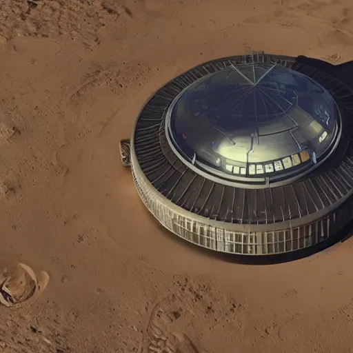 Prompt: expansive futuristic city on mars with a single large glass dome in the style of the expanse tv show