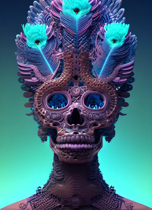 Image similar to 3 d goddess profile portrait, sigma 5 0 0 mm f / 5. beautiful intricate highly detailed quetzalcoatl skull and feathers. bioluminescent, plasma, lava, ice, water, wind, creature, thunderstorm! artwork by tooth wu and wlop and beeple and greg rutkowski, 8 k trending on artstation,