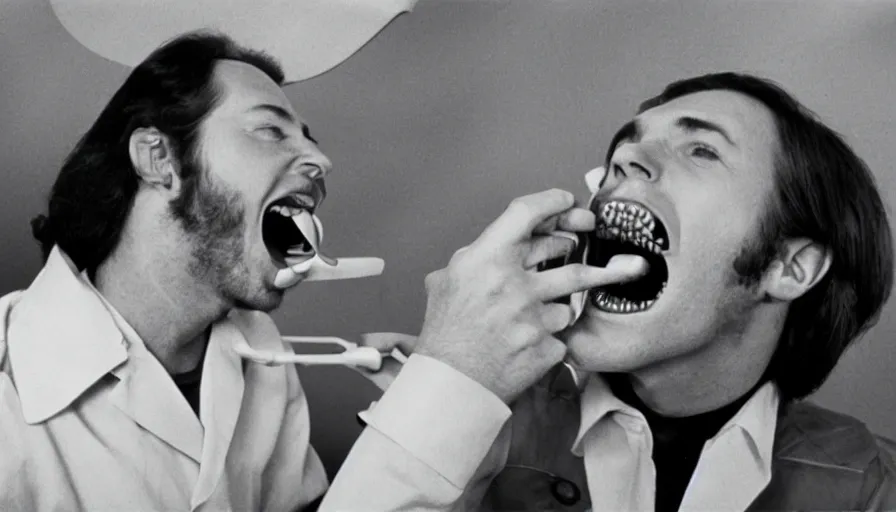 Image similar to 70s movie still of a man yelling with trypophobia teeth in dentist cabinet, eastmancolor, heavy grain, high quality, higly detailed, liminal space