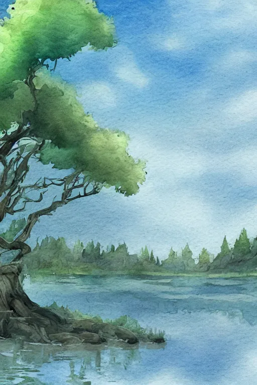 Prompt: beautiful digital watercolor painting of fantasy tree roots and puffy sky background watercolor lake, greg rutkowki artstation