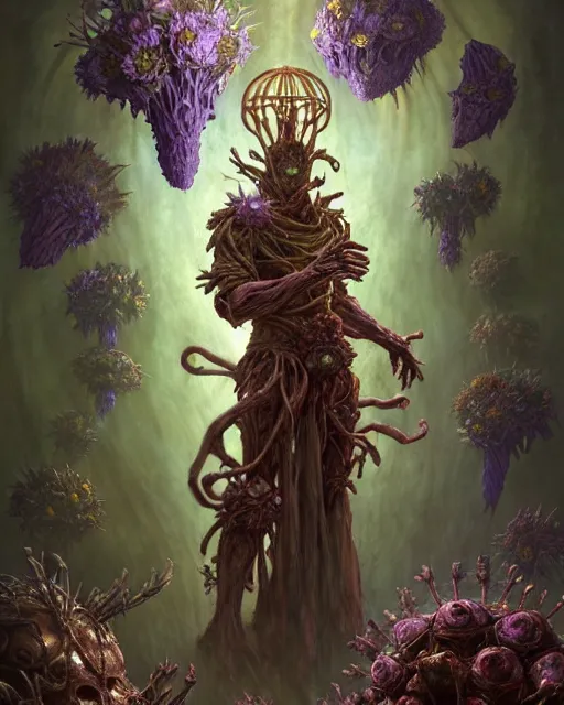 Image similar to the platonic ideal of flowers, rotting, insects and praying of cletus kasady carnage thanos davinci nazgul wild hunt chtulu mandelbulb ponyo botw bioshock, d & d, fantasy, ego death, decay, dmt, psilocybin, concept art by randy vargas and greg rutkowski and ruan jia and alphonse mucha