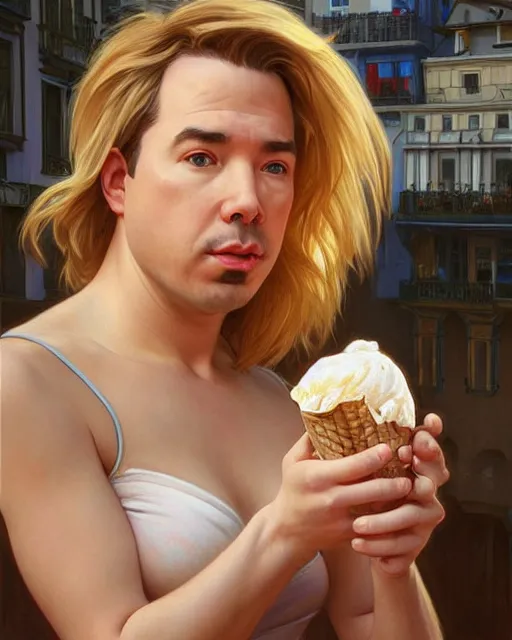 Image similar to Portrait of Michael Mcintyre & blonde actress with big lips eating ice creams in Porto,real life skin, intricate, elegant, highly detailed, artstation, concept art, smooth, sharp focus, art by artgerm and greg rutkowski and alphonse mucha