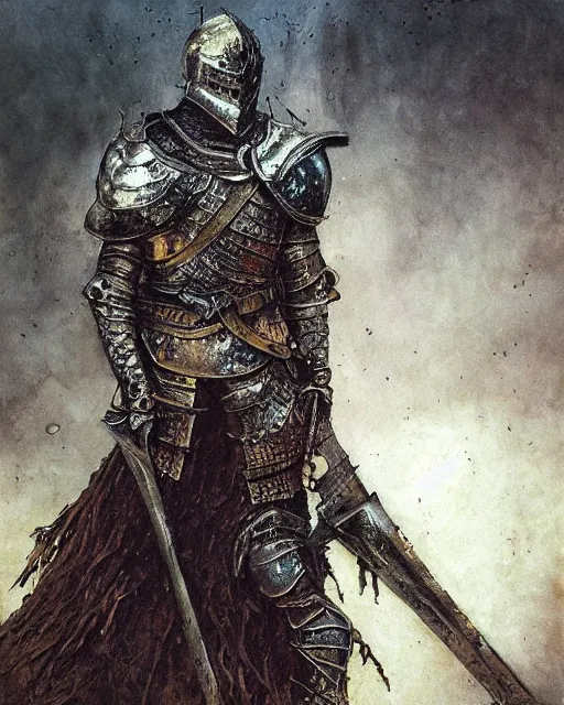 Image similar to a hyper realistic painting of a knight in armor made out of rotting metal, pale colors, fog, dark fantasy, cinematic lighting, nighttime, by rebecca guay