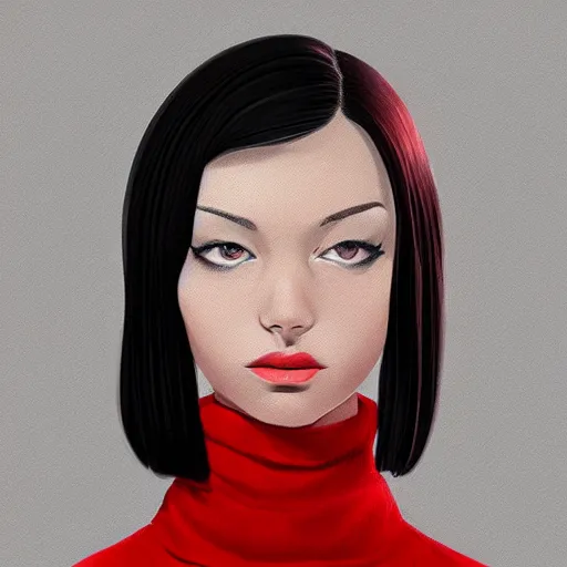 Image similar to girl in dark red turtleneck, black coat, elegant, 2d, ultra highly detailed, digital painting, smooth, sharp focus, artstation, portrait art by Ilya Kuvshinov