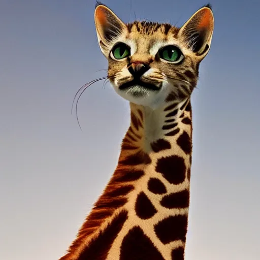 Image similar to cat giraffe hybrid, bold natural colors, national geographic photography, masterpiece, full shot, award winning