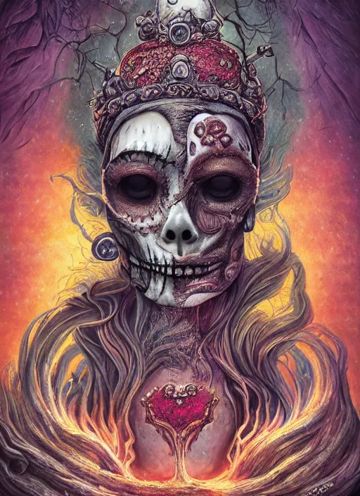 Image similar to queen of heats the fool tarot card, highly detailed, half skull face, cinematic, 8 k, bymegan duncanson, benjamin lacombe, naoto hattori, adrian borda, giger, trending on deviantart, hyper detailed, horror, full of colour